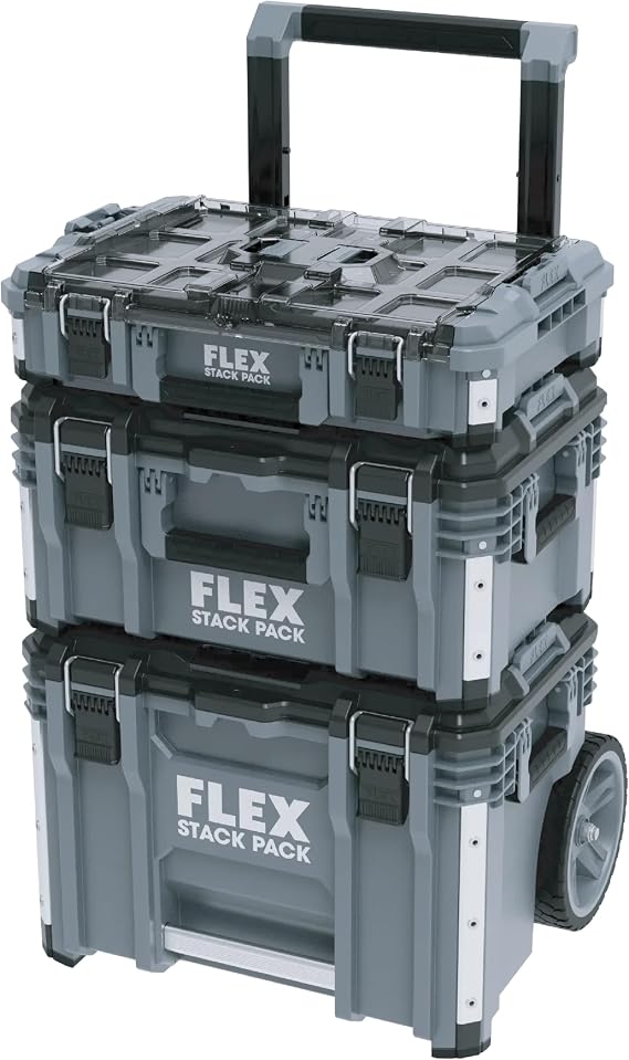Flex - Stack Pack Rolling Tool Box, 3 Pc Set - With Gas Struts 9 Inch Wheels - Made of Impact Resistant Plastic with Aluminium Reinforced Corners, Metal Latch and + 531461