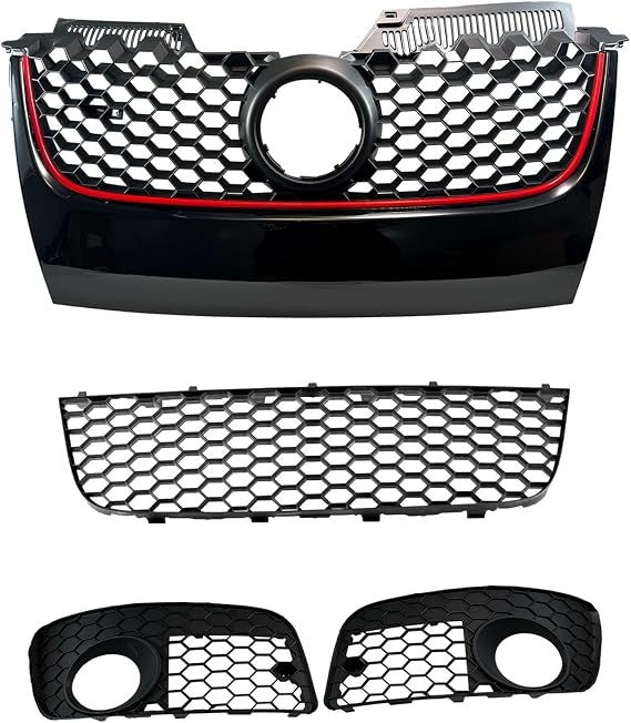 Front Grille Upper Lower Grill & Fog Light Cover Grill Compatible with Golf Jetta MK5 GTI GLI 2006 2007 2008 2009