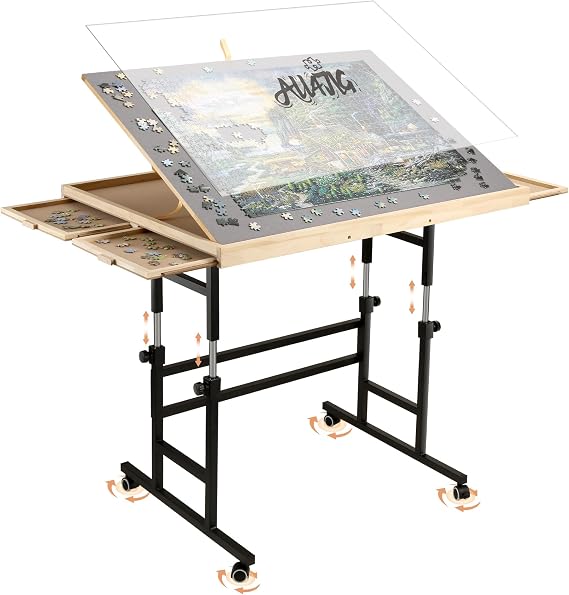 ALL4JIG 1500 Piece Puzzle Table with Legs, 24.53"x33.19"Adjustable Puzzle Table, 3-Tilting-Angle Portable Wooden Puzzle Board with 4 Drawers&Cover,Drafting&Laptop Table for Couch,for Bricks Building