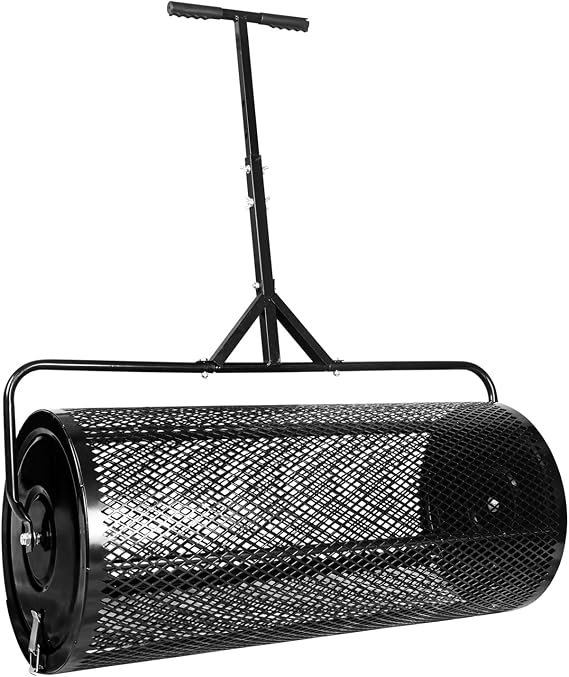 36 Inch Compost Spreader and Peat Moss Spreader, 36" Lawn Spreader Roller Spreader with Height Adjustable T Shaped Handle, Steel Mesh Basket Garden Spreader for Spreading Manure Topsoil, Black