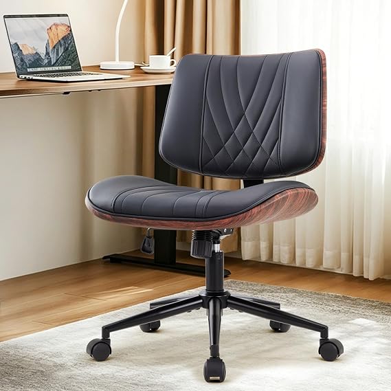 IWMH Armless Desk Chair Home Office Chair with Wheels Walnut PU Leather