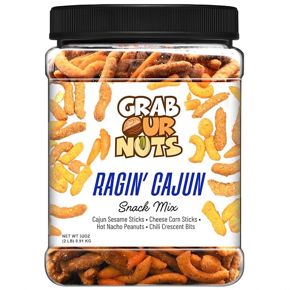 Grab Our Nuts Ragin' Cajun Snack Mix 32 Ounce Jar: Cajun Sesame Sticks, Cheese Corn Sticks, Hot Nacho Peanuts, Chili Crescent Bits