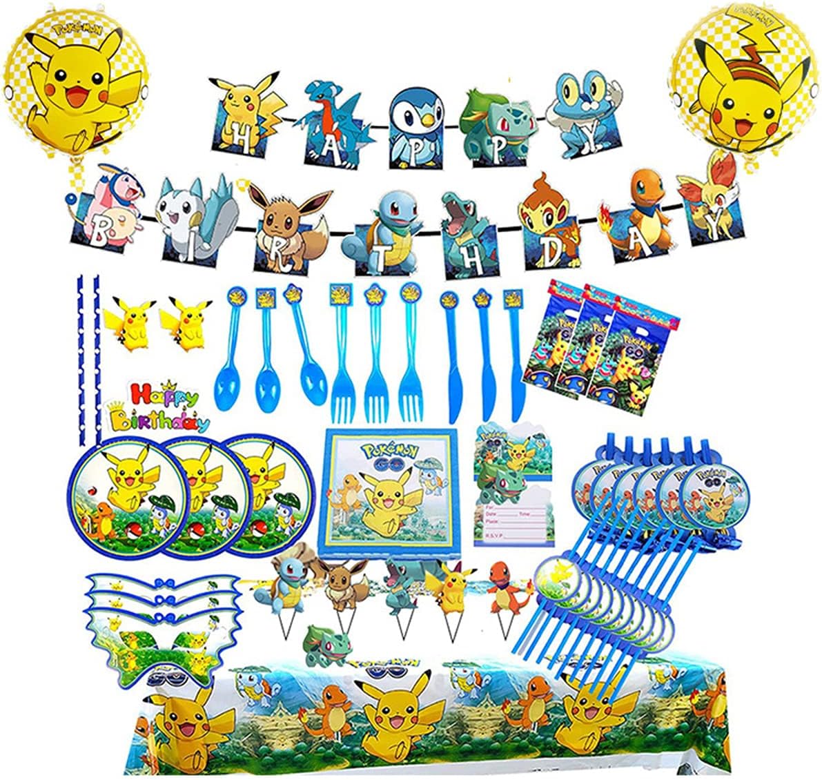 141 Pcs Pikachu Birthday Party Supplies Pokemons Theme Party Decoration for Kids Boys and Girls Includes Cake Decorations Plates Table Cloth