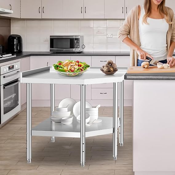 Stainless Steel Corner Kitchen Prep Table NSF Certified with Splash Guard & Adjustable Lower Shelf, 36" Commercial Workbench for Restaurant & Home, Silver