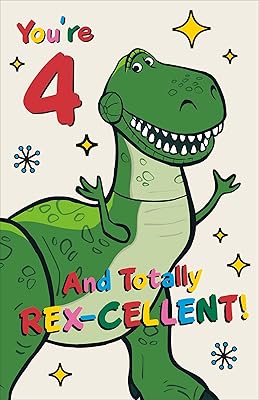 Disney Toy Story 4th Birthday Greetings Card for Boys,Girls,Unique Rex Design for Young BoyGirl Happy 4th Birthday Card for BrotherNephewGrandsonSonGodson Cute ChildrenKids Party Birthday Cards