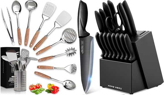 Home Hero 10 Pcs Stainless Steel & Wood Kitchen Utensils Set + 16 Pcs Kitchen Knife Set