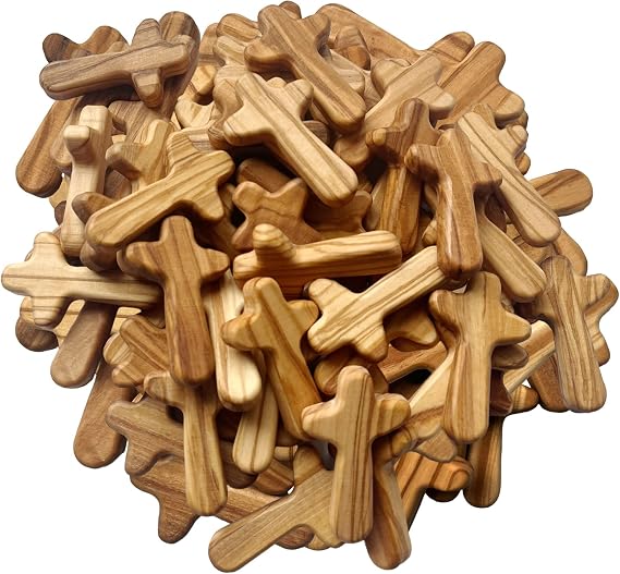 100PCS Small Olive Wood Crosses, Holding Cross 2.56in Portable Prayer Cross