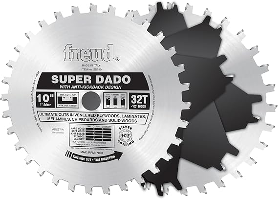 Freud 10" Super Dado Set with Tico Hi-Density Carbide for Flat Bottom Grooves - Includes 2 Blades, 6 Chippers, Shim Set & Carrying Case - SD510