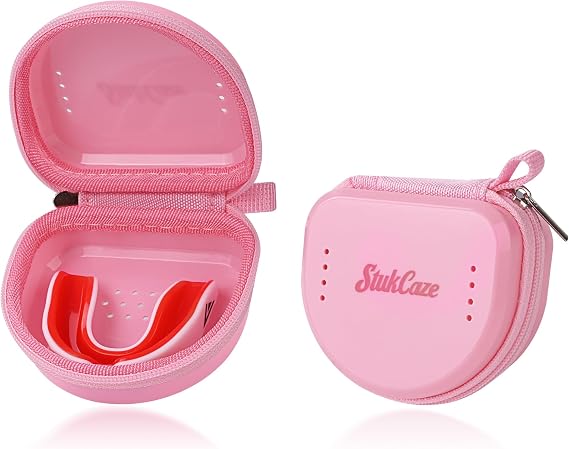Mouth Guard Case with Zipper, Portable Carrying Retainer Mouthguard Case for Youth Football, Breathable Mouth Guard Boxing with Climbing Clip, Travel Storage Adult & Youth Sizes Pink