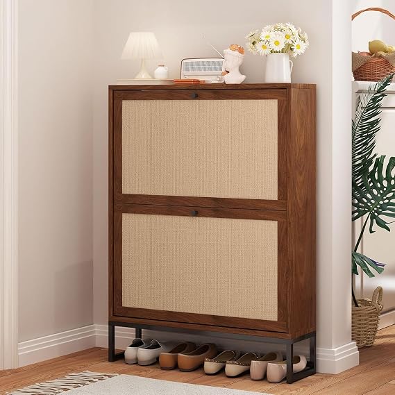 Rattan Wood Slim Hidden Shoe Cabinet with 2 Flip Drawers