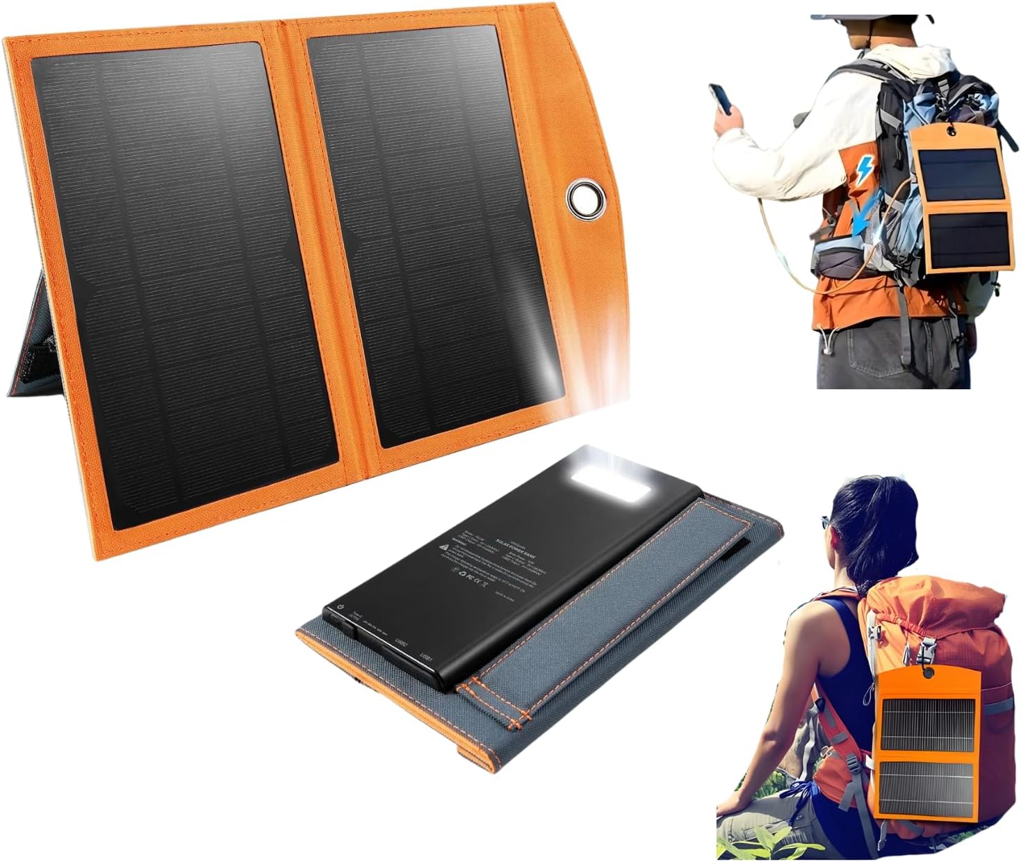 Coverzone 10W Çift Güneş Panelli 10000mAh Solar Powerbank LED Fenerli, Kamp Yürüyüş Dağcılık Motor ve Acil Durumlar İçin Taşınabilir Güç Bankası, 2xUSB 1xType-C Port, Taşıma Kancalı, PS23K