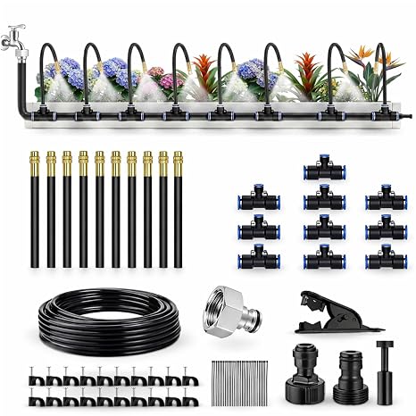 Greenfields Drip Irrigation System Kit 33FT/10M Garden Watering Kit with 10 Adjustable Bendable Misting Nozzles Automatic Plant Watering for Garden Lawn Greenhouse Raised Beds