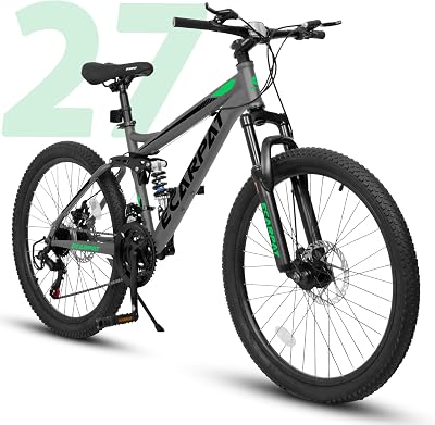 27.5 Inch Dual Full Suspension Mountain Bike, 21-Speed Disc Brakes, Mens Womens Trail Commuter City Beach Bicycles Gift