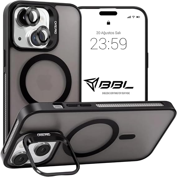 Babilden iPhone için Kılıf Kamera Korumalı Magsafe Wireless Şarj Özellikli Mat Şeffaf Renkli Standlı Kılıf (Lens Hediyeli) (Siyah, iPhone 14)