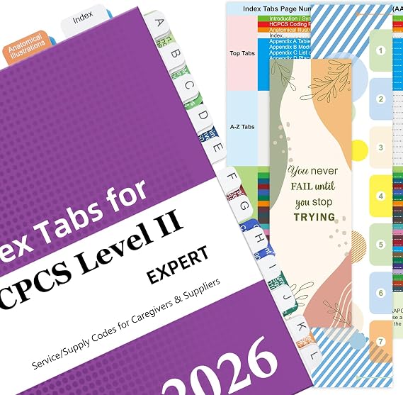 Improved Index Tabs for HCPCS Level II 2026 Codebook (AAPC Version), Color-Coded & Laminated, Printed Tabs with Blank Ones, Alignment Guide and Page Numbers Sheet Included, Tear-Resistant & Waterproof