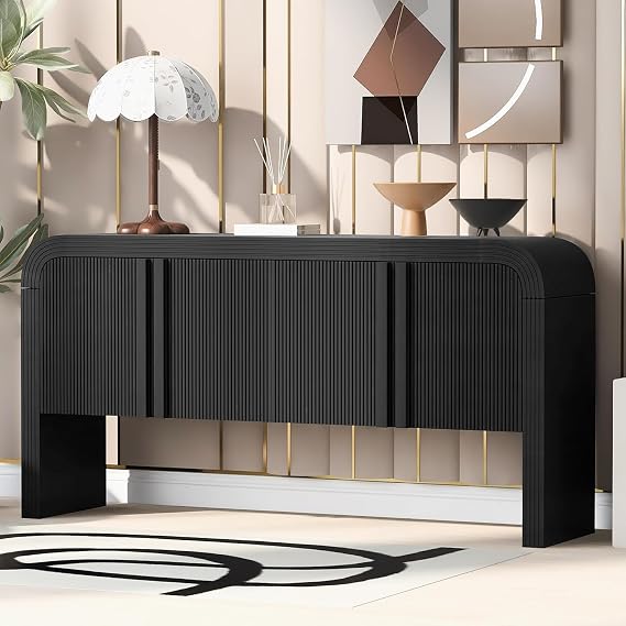 Virubi 63 in Fluted Sideboard Buffet Cabinet with Storage,Doors and Adjustable Shelves, Wood Curved Console Table with Storage,Modern Accent Cabinet for Living Room,Hallway, Entryway(Black)