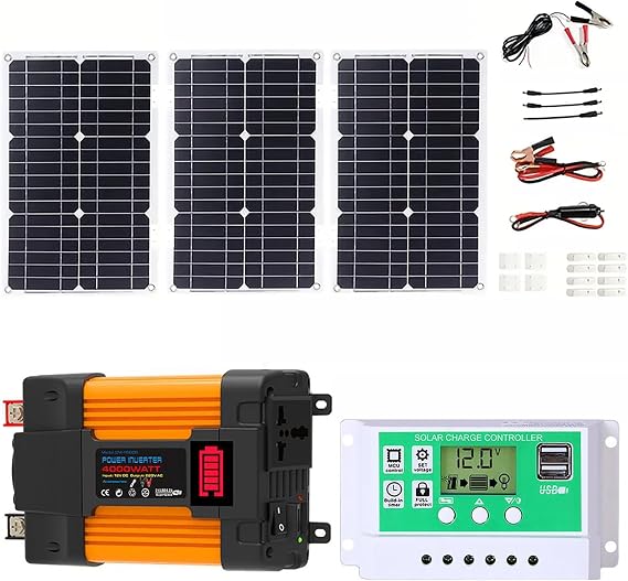 Complete Solar Inverter Kit 4000W/6000W Rv Solar Panel Kit Includes 50A Controller and 75W Solar Panel Suitable for Home and Outdoor Power Generation(12V-110V,4000W)