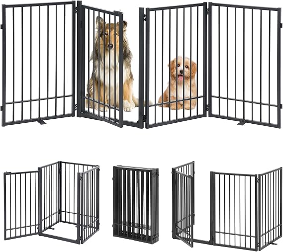Metal Freestanding Dog Gate with Door, Extra Wide 205cm, Height 78 cm Foldable Dog Gates for Doorways, Tall Dog Fence Indoor Outdoor Pet Gates, 4 Panels Pet Barrier for Stairs Hallways, Black