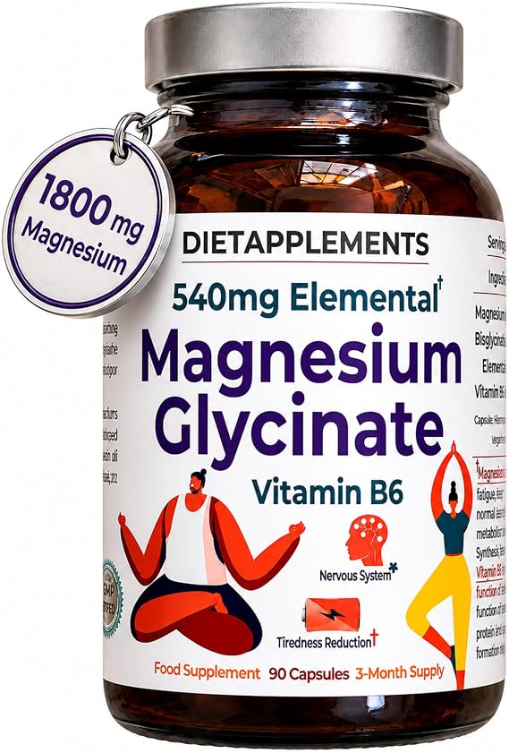 High Strength Magnesium Glycinate 1800mg – 540mg Elemental Magnesium – with Vitamin B6 – 90 Vegan Capsules – 3-month Supply High Absorption Bisglycinate for Nervous System, Tiredness & Muscle Function