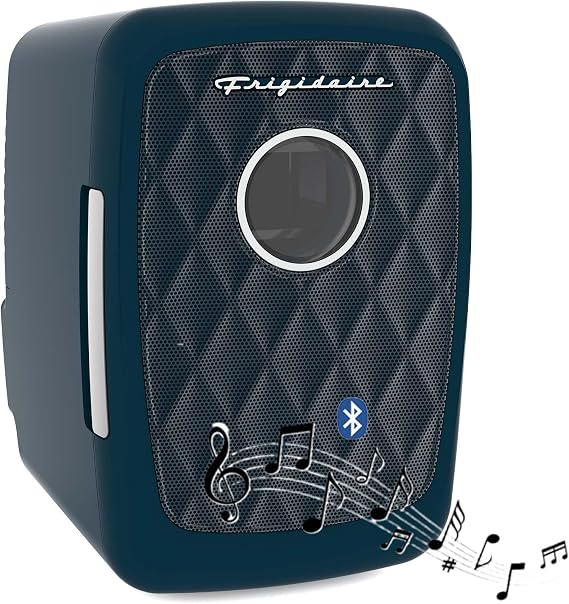 Frigidaire Mini Portable Compact Personal Cooler Fridge, 4 Liter Capacity Chills Six 12 oz Cans, 100% Freon-Free & Eco Friendly, Includes Plugs for Home Outlet - AZURE, BUILT IN BLUETOOTH SPEAKER