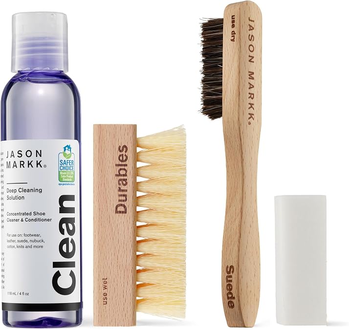 Jason Markk Suede Essentials Bundle, 4-Piece Shoe & Sneaker Care Set, 4oz Deep Cleaning Solution, Two Brushes, Suede Stain Eraser, Safe for Leather, Nubuck, Cotton, Knits, and More