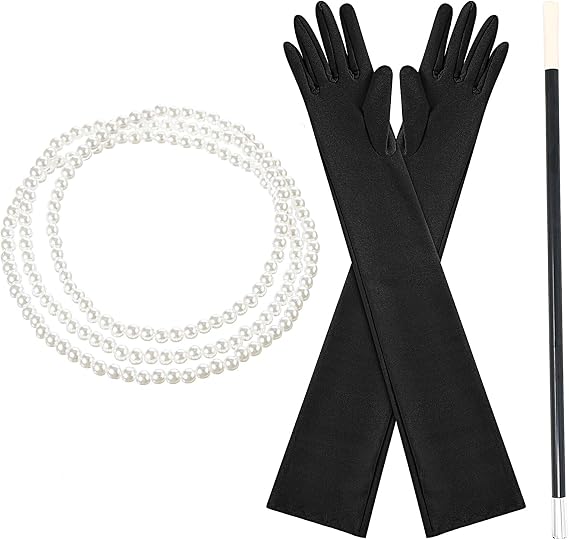 3Pcs 1920s Costume Accessories for Women Black Long Satin Gloves Fancy Dress Plastic Stick Pearl Necklace Set