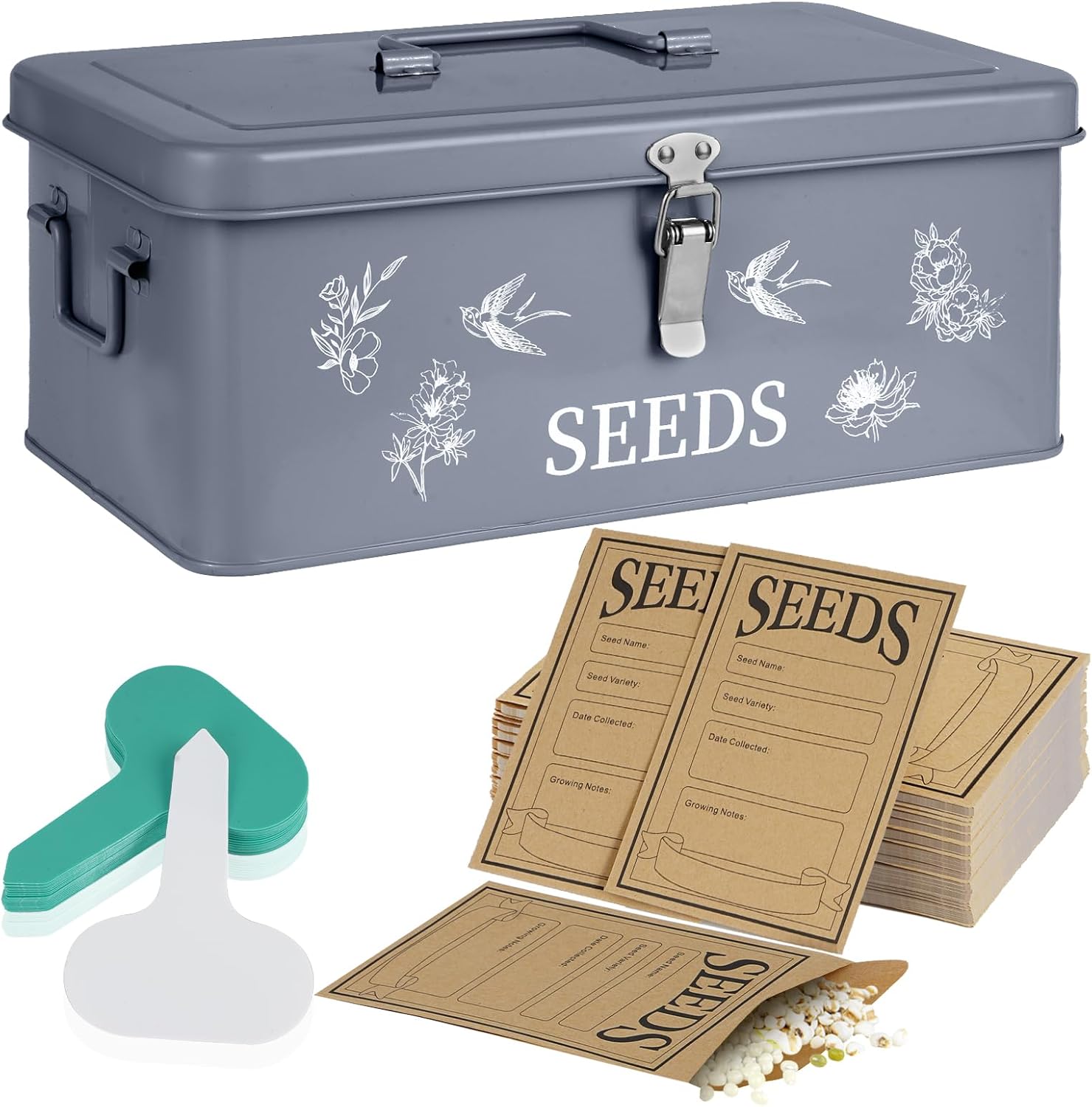 FACULX Seed Organizer Storage Box, Seed Saver Kit with 40 Plant Labels and 40 Seed Envelopes, Metal Seed Storage Organizer, Seed Saving Box, Seed Packet Container, Large, Grey