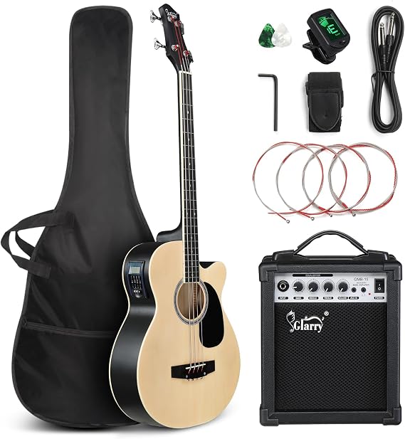 GLARRY Full Size Acoustic Electric Bass Guitar Beginner Kit w/ 15W Amp, Cutaway 4 Strings Electric Acoustic Bass Guitar w/Inbuilt Tuner, Bag, Strap, Picks, Strings, Bass Guitarra,Matte Natural