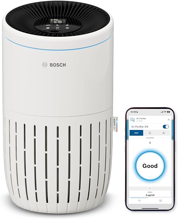 Bosch Air 4000i akıllı hava temizleyici – 62,5 m² kapsama alanı – Zararlı maddelerin%99'undan fazlasını etkili bir şekilde filtreler - Oto/Uyku modu (< 25 dB(A)) - CADR: 300 m³/sa - Ekran ve uygulama