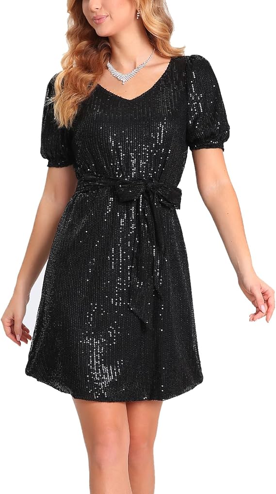 Women's Sequin Dress Short Sleeve V Neck Sparkle Shirt Dress Glitter Loose Night Out Party Mini Dresses with Belt
