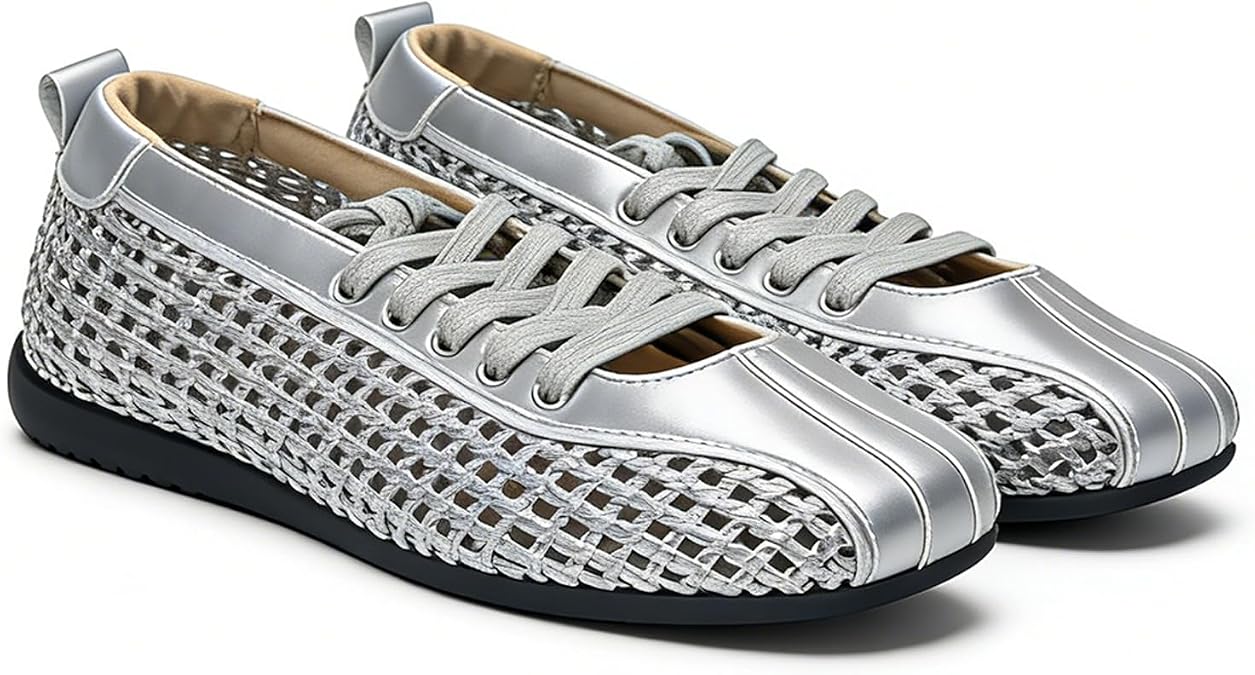 Square Toe Woven Ballet Flats for Women Mary Jane Shoes with Strap Lace up Bow mesh Ballerina Shoes for Women Dressy Work Office Wedding Daily