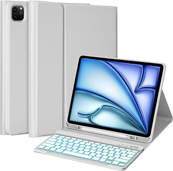 MMK for iPad Pro 12.9 Case with Keyboard-Grey | for iPad 5/6th Gen & iPad Air 13 inch Case Keyboard (M3 2025 / M2 2024), Backlit Bluetooth Wireless with Pencil Holder