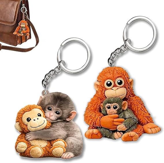 Protect Punch The Monkey Keychain, 2D Cute Monkey Holding Plush Toy Hanging Keychain for Backpack Purse Car Keys Gift