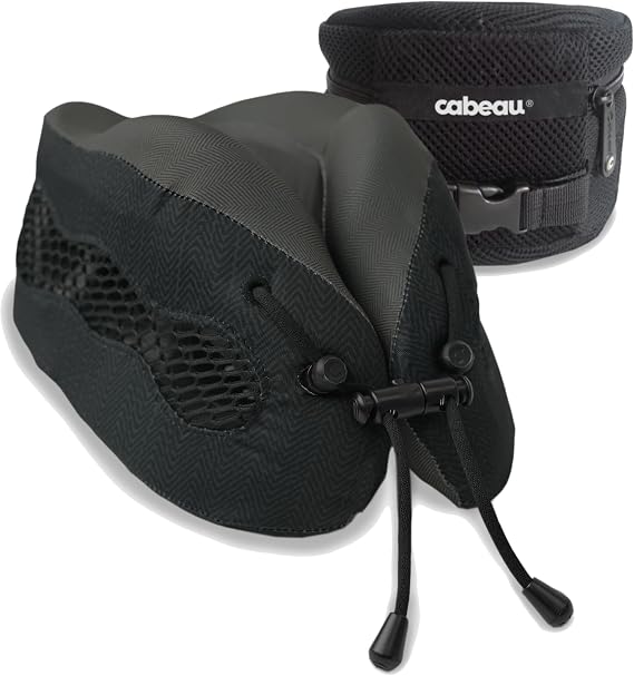 Cabeau Long Haul Flight Cooling Travel Neck Pillow Evolution Cool Supportive Memory Foam with Airflow Vents Compact with Carrying Case (Black)
