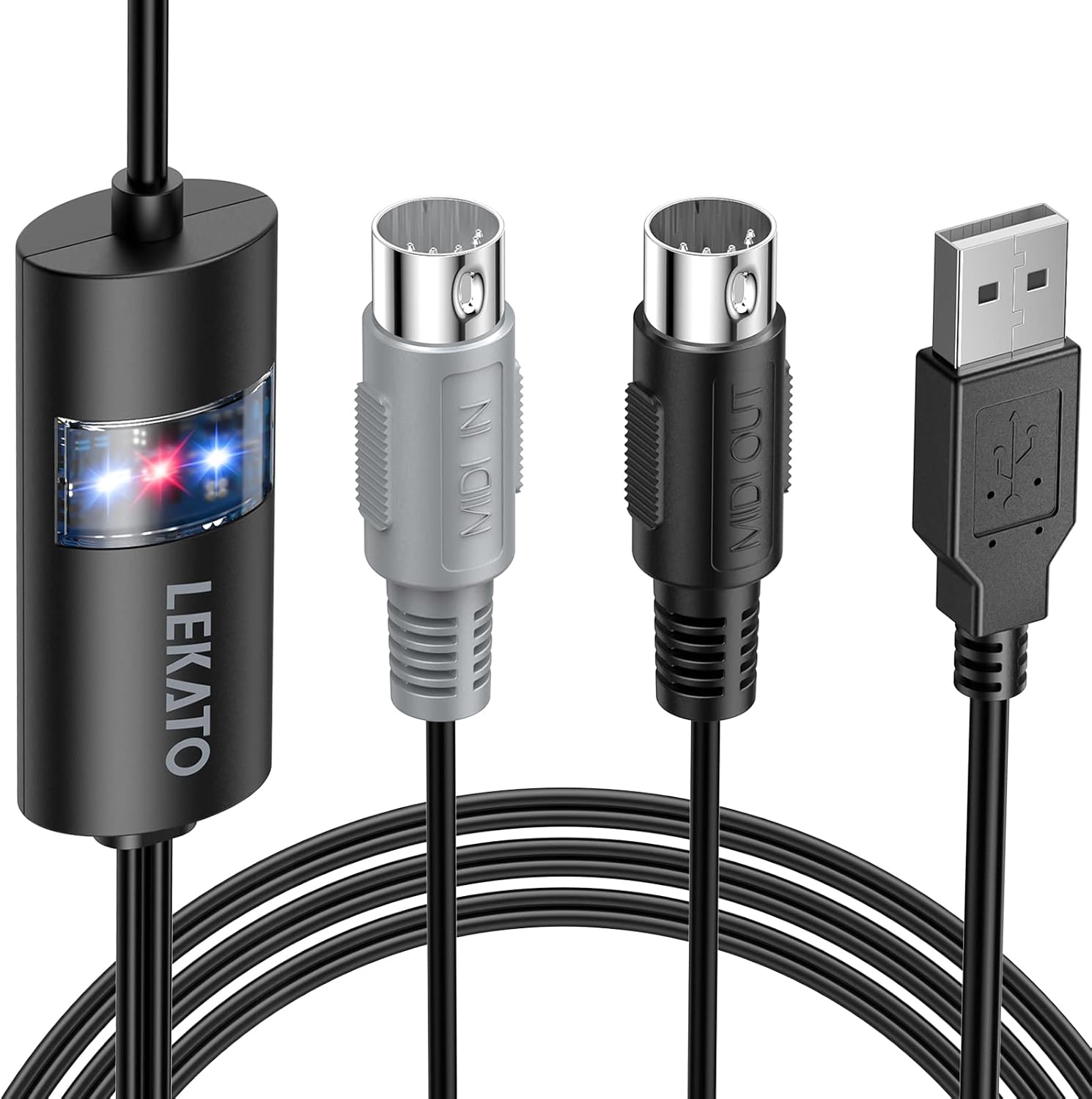 LEKATO USB MIDI Cable, MIDI USB Interface Input & Output Connectivity Piano Keyboard Synthesizer for Editing & Recording, Professional MIDI Cable Adapter with WindowsMac for Studio - 6.5ft
