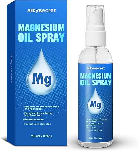 SilkySecret Pure Magnesium Oil Spray (4 Fl Oz), Magnesium Oil for Feet, Natural Ingredient in Glass Bottle, Fast-Absorbing Mist for Feet & Skin
