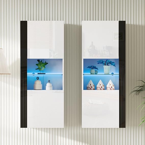 AMERLIFE Wall Storage Cabinet Set of 2 with LED Lights | High Gloss Finish, Open Glass Shelves, Hidden Storage Space, Modern Wall Mounted Design, Multi Room Application, White