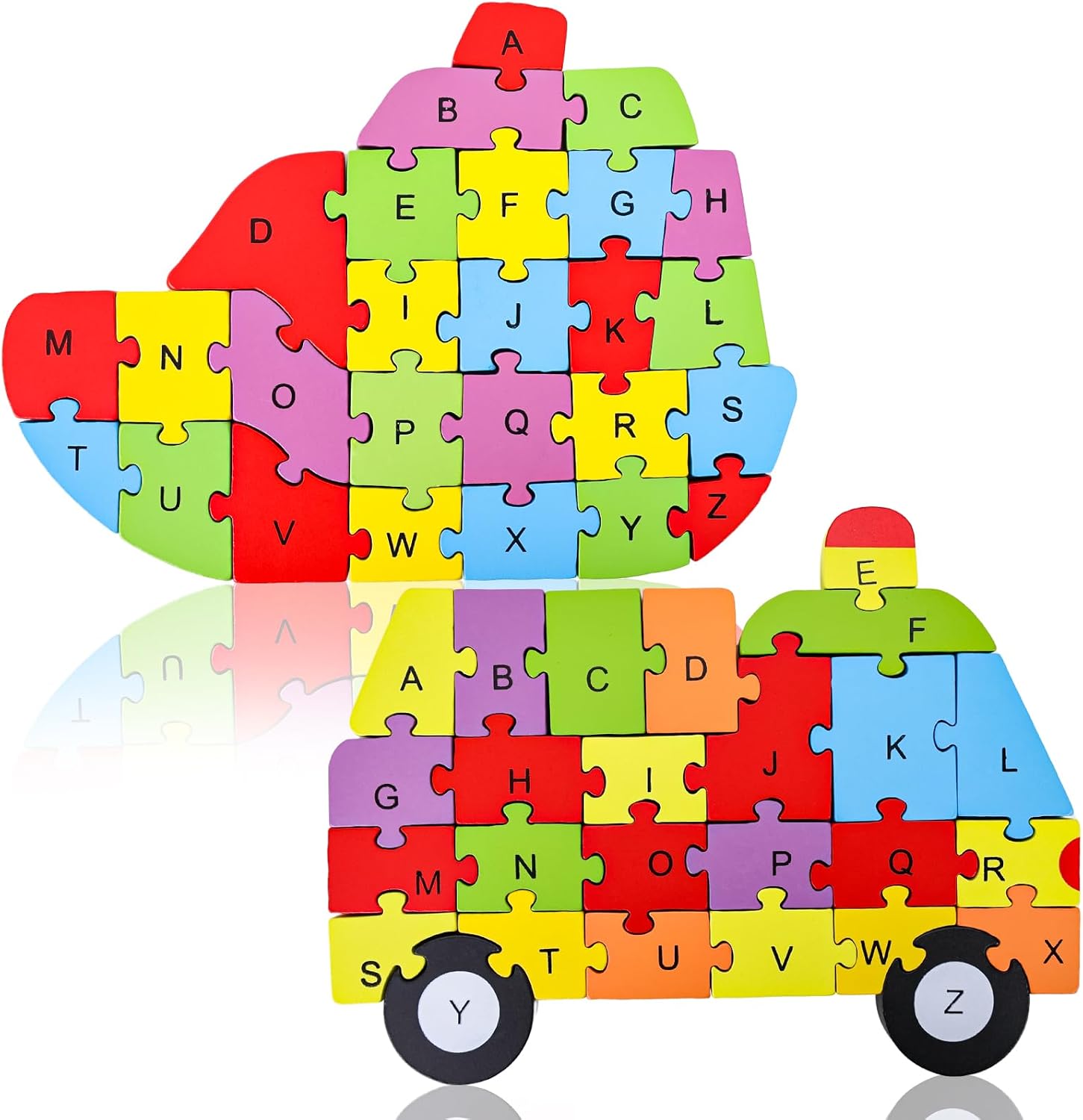 LovesTown Alphabet Jigsaw Puzzles, Building Blocks Wooden Vehicle Puzzles, Wooden Ship and Car Letters Numbers Block Toys for Kids Educational Learning