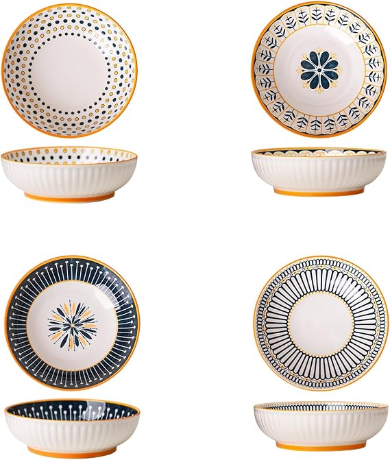 Stoneware Serving Bowls 9" (22.8cm) Set of 4 – Hand-Painted Ceramic Salad Pasta Soup Bowls, Embossed Exterior, Nordic Style Dinnerware, Microwave & Oven Safe, Dishwasher Safe