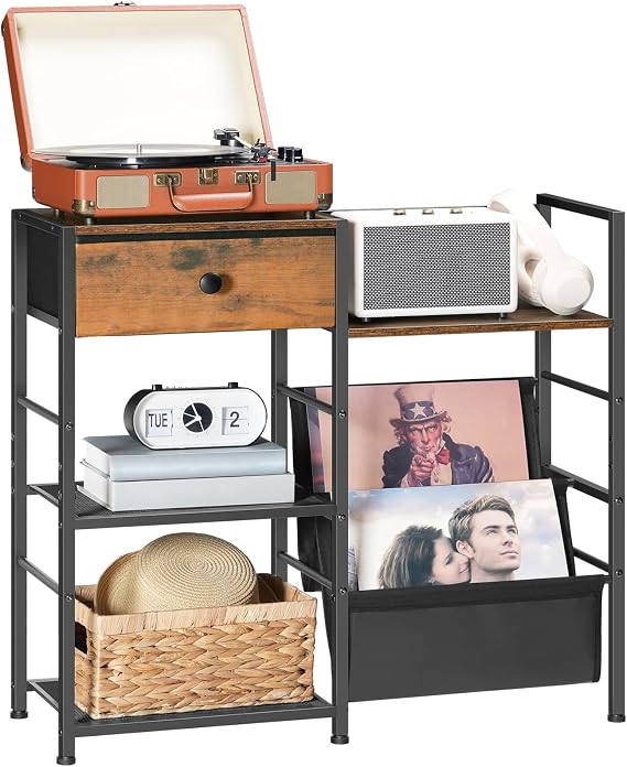 HOOBRO Record Player Stand, End Table with Vinyl Storage, 4 Tier Vinyl Record Storage, Side Table with Open Shelves, Turntable Stand for Living Room, Media Room, Rustic Brown EBF75CJ01
