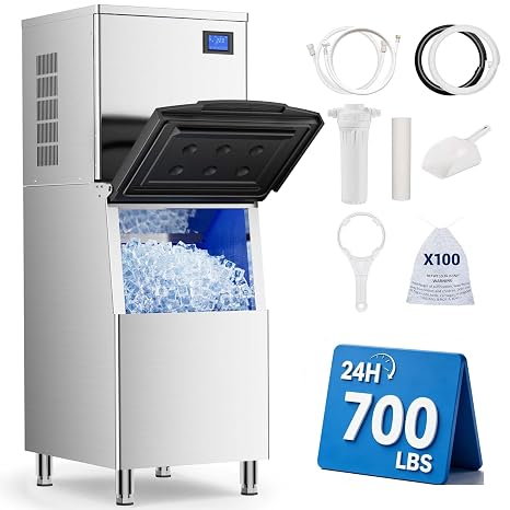 Commercial Ice Maker, 700Lbs/24H with 500LBS Storage Bin