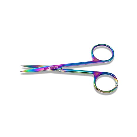 Cynamed Iris Micro Dissecting Scissors with Multicolor/Rainbow Titanium Coating - Premium Quality Instrument - Perfect for Fine Precision Tissue Dissection, Suture Removal and More (Straight Blades)