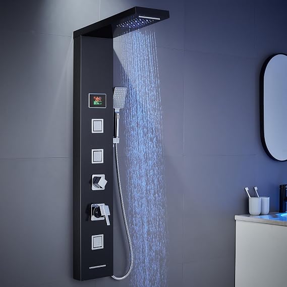 Shower Tower Panel with Mixer, Display, 304 Stainless Steel Black
