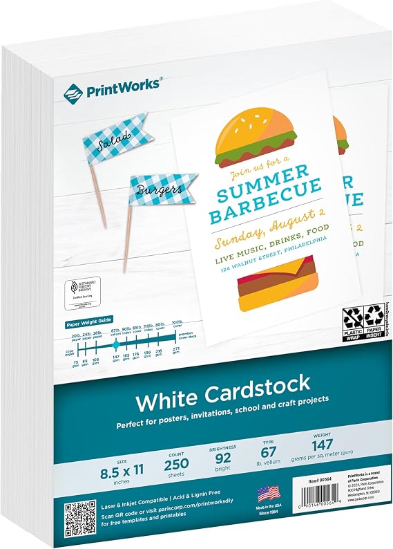 PrintWorks White Cardstock 8.5" x 11" - 67 lb/147 gsm Vellum Bristol - 250 Sheets - Made in the USA - SFI Certified - 92 Bright - Card Stock Printer Paper for School, Craft, Office Use (00564)