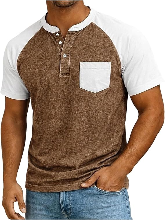 Mens Henley Shirts Raglan Short Sleeve Casual Baseball Tees Summer Classic Color Block Workout T- Shirts with Pocket