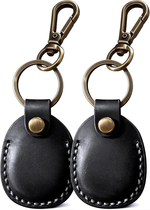 2 Pack Genuine Leather AirTag Holder Compatible with Apple AirTag 2nd Gen & 1st Gen, Handmade Air tag Keychain with Key Rings, Hidden Air Tags Case Accessories - Black