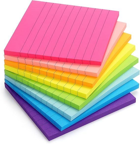 Eastern Wolf Lined Sticky Notes, 4x4in, 8 Bright Colors Pads, 50 Sheets/Pad | Self-Stick & Removable, Office/School/Home Use