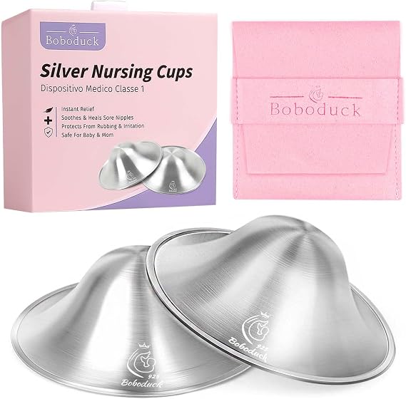 925 Silver Nursing Cups, Reusable Breastfeeding Covers for Nursing Mothers, Breastfeeding Essentials, Comfortable Nursing Accessories (Large, 2 Pack)