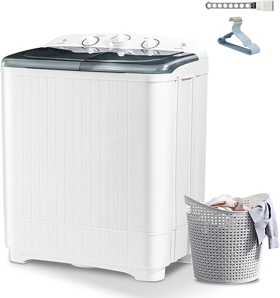 22lbs Portable Twin Tub Washing Machine with Drying Rack& Hanger, 12lbs Washer and 10lbs Spinner Combo, Comppact Laundry Machine for Apartments, Dorms, RVs, Carmping, Blue