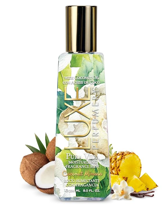 Luxe Perfumery Pura Vida Coconut Mimosa Moisturizing Fragrance Mist Tropical Fruity Body Spray with Pineapple, Coconut & Vanilla Orchid Hydrating Skin Mist for Women, Made in USA, 8 Fl Oz